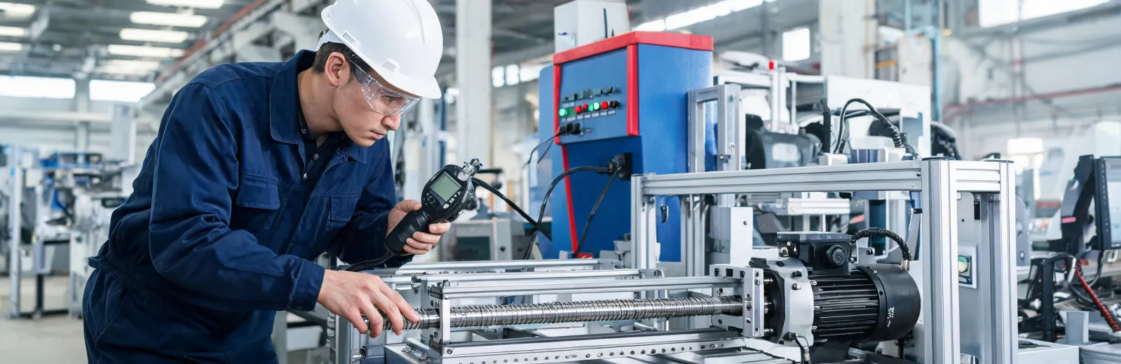 engineer inspecting a servo-driven linear module