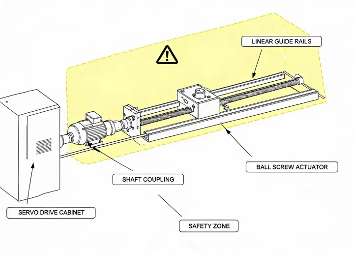 schematic of automotive press transfer line with annotated drive train
