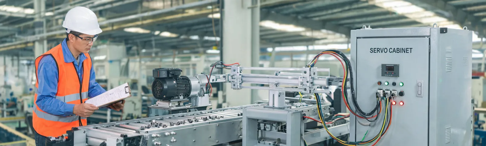 application engineer reviewing factory motion line