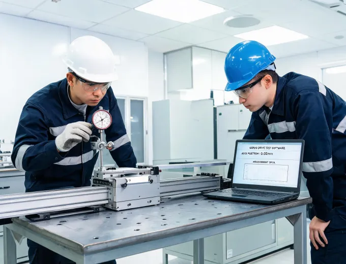 engineers measuring a linear module on a test bench