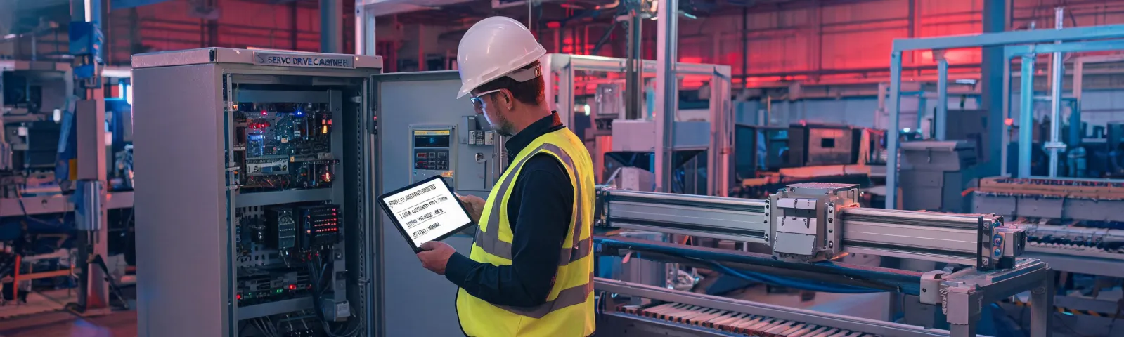 motion control service engineer reviewing drive cabinet